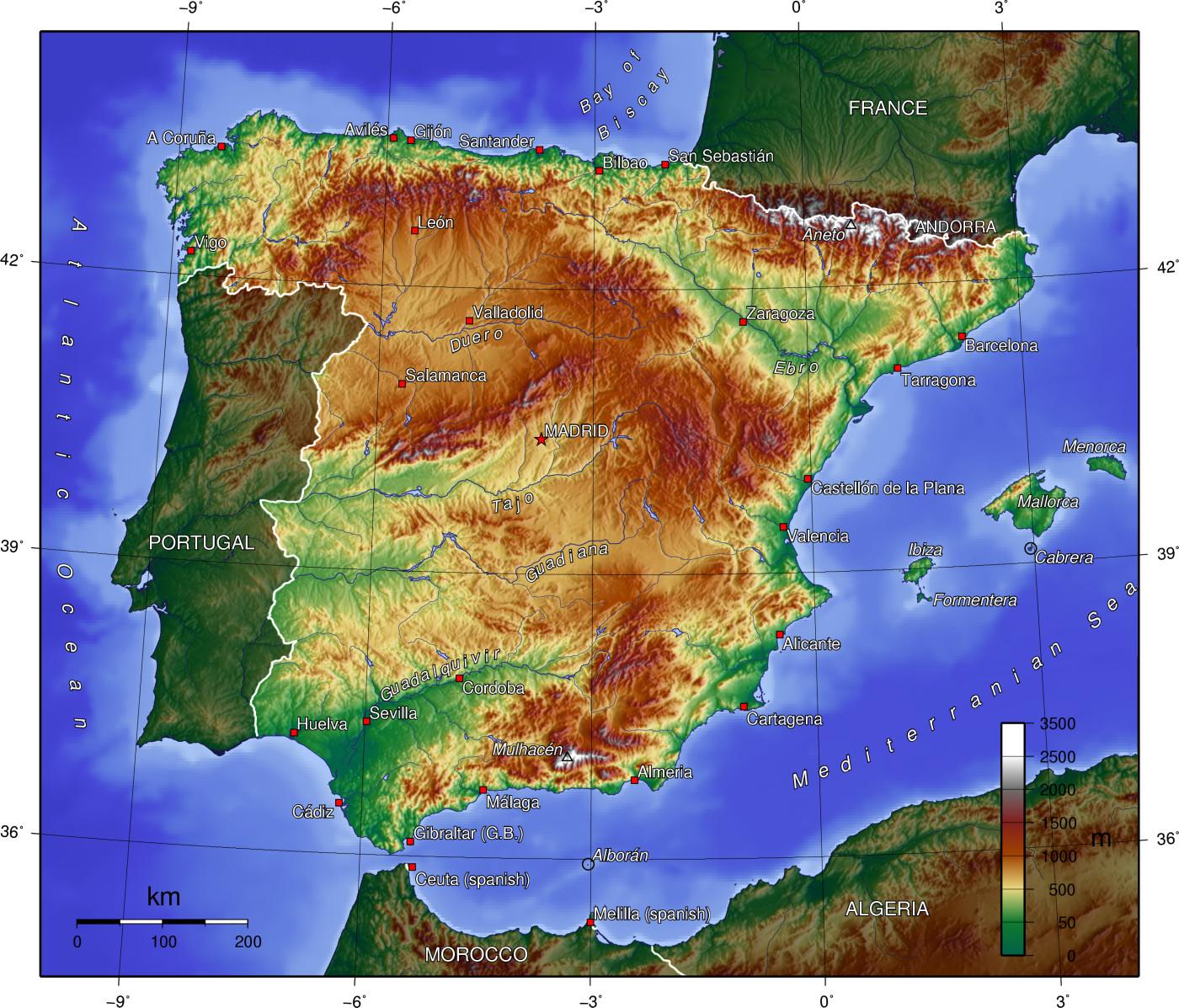 スペインの地形図 地図のスペインの地形 南欧諸国 ヨーロッパ