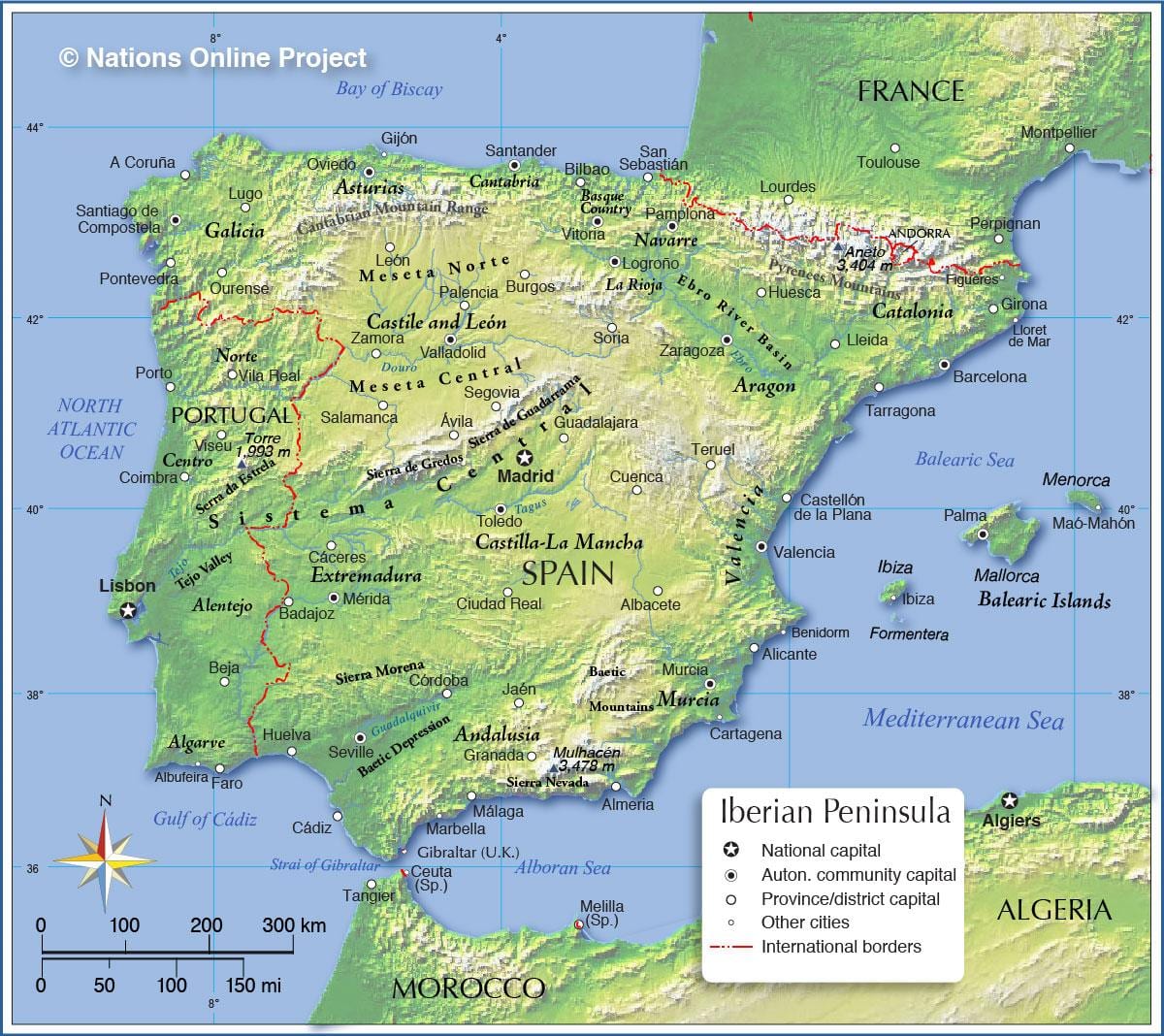 地図のスペインの地形