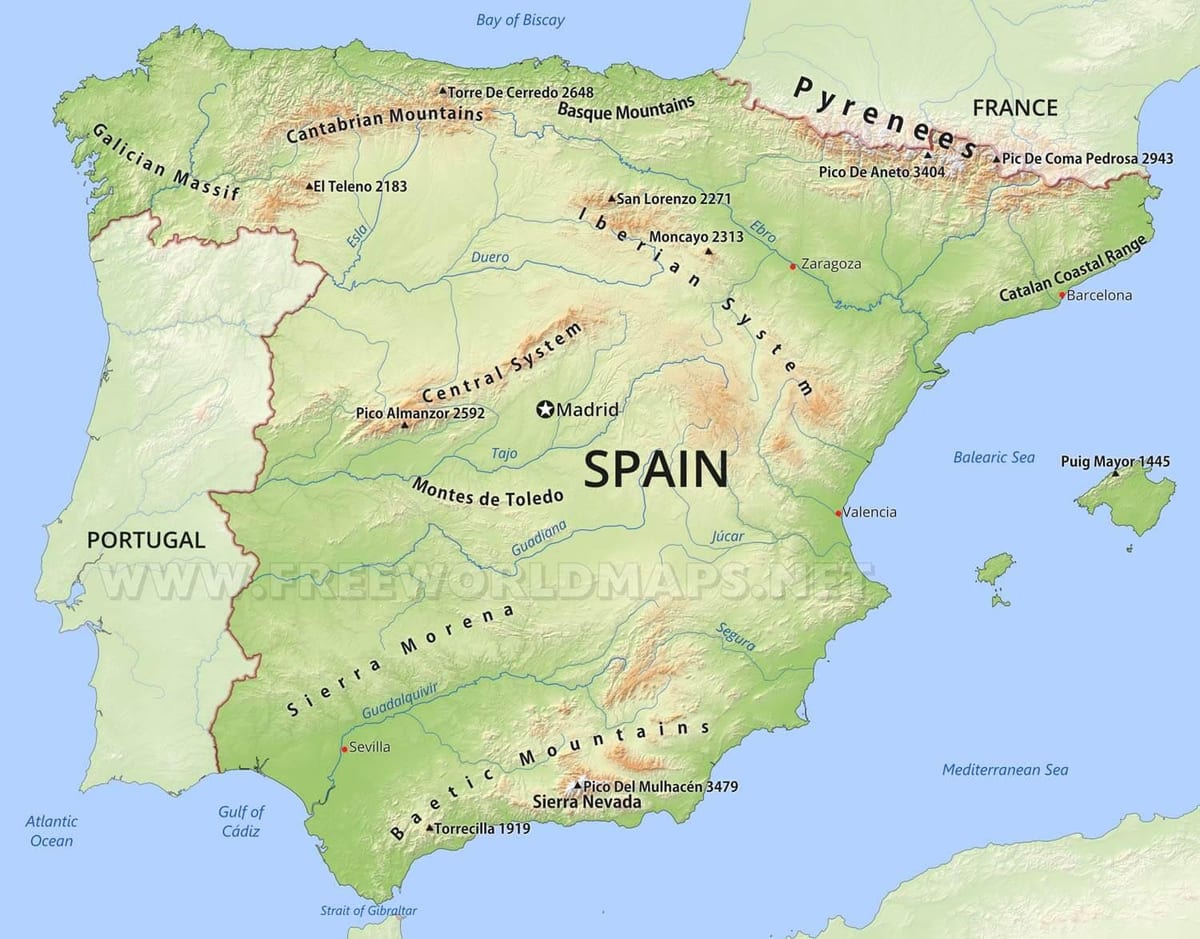 地図のスペインの山々