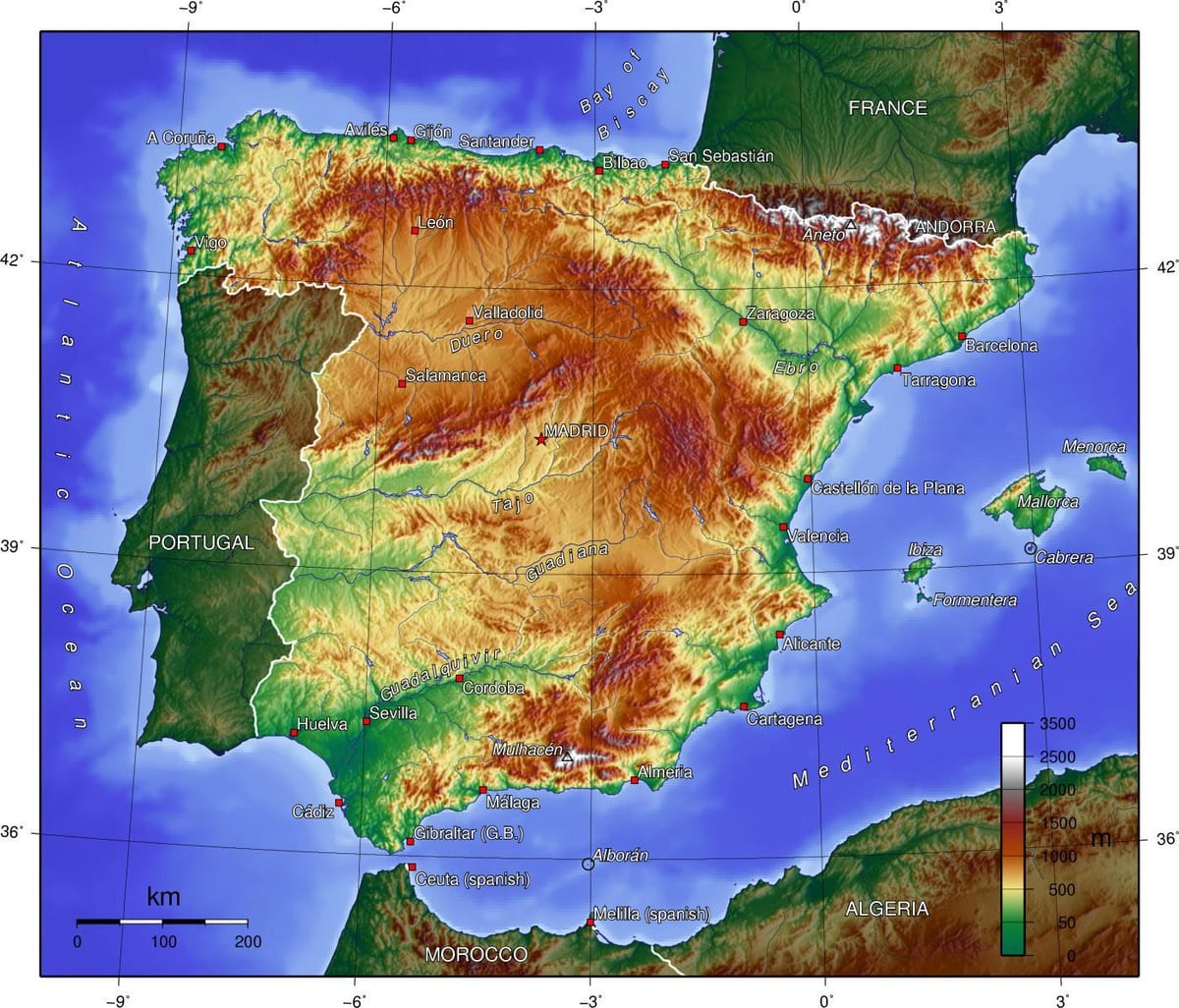 地図のスペインの標高