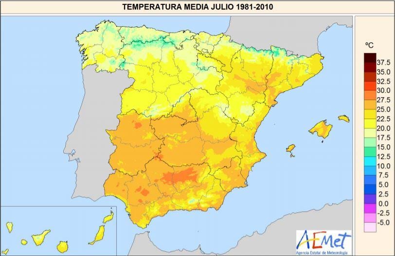 地図のスペイン温度