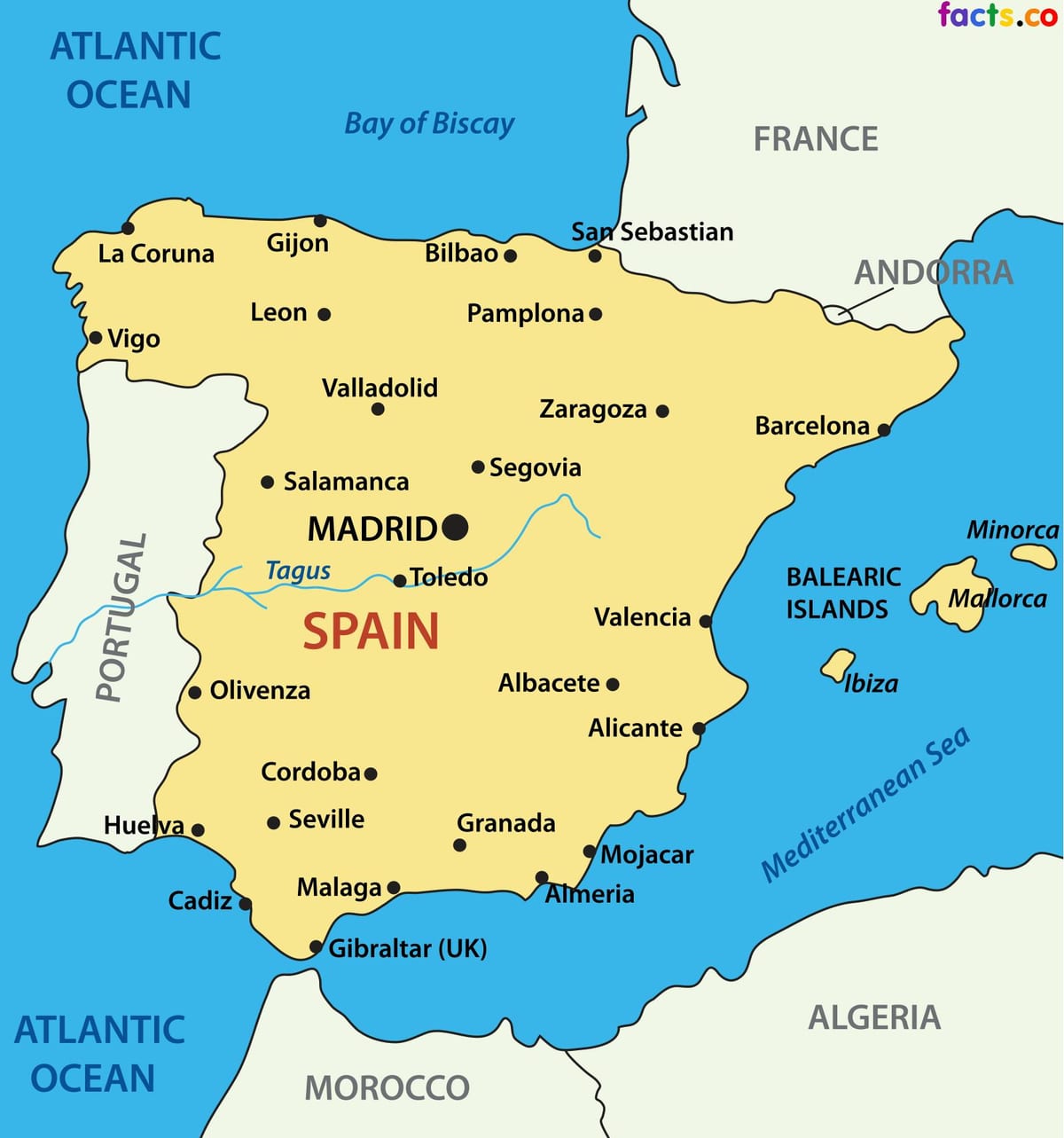 地図のスペインの都市を示す