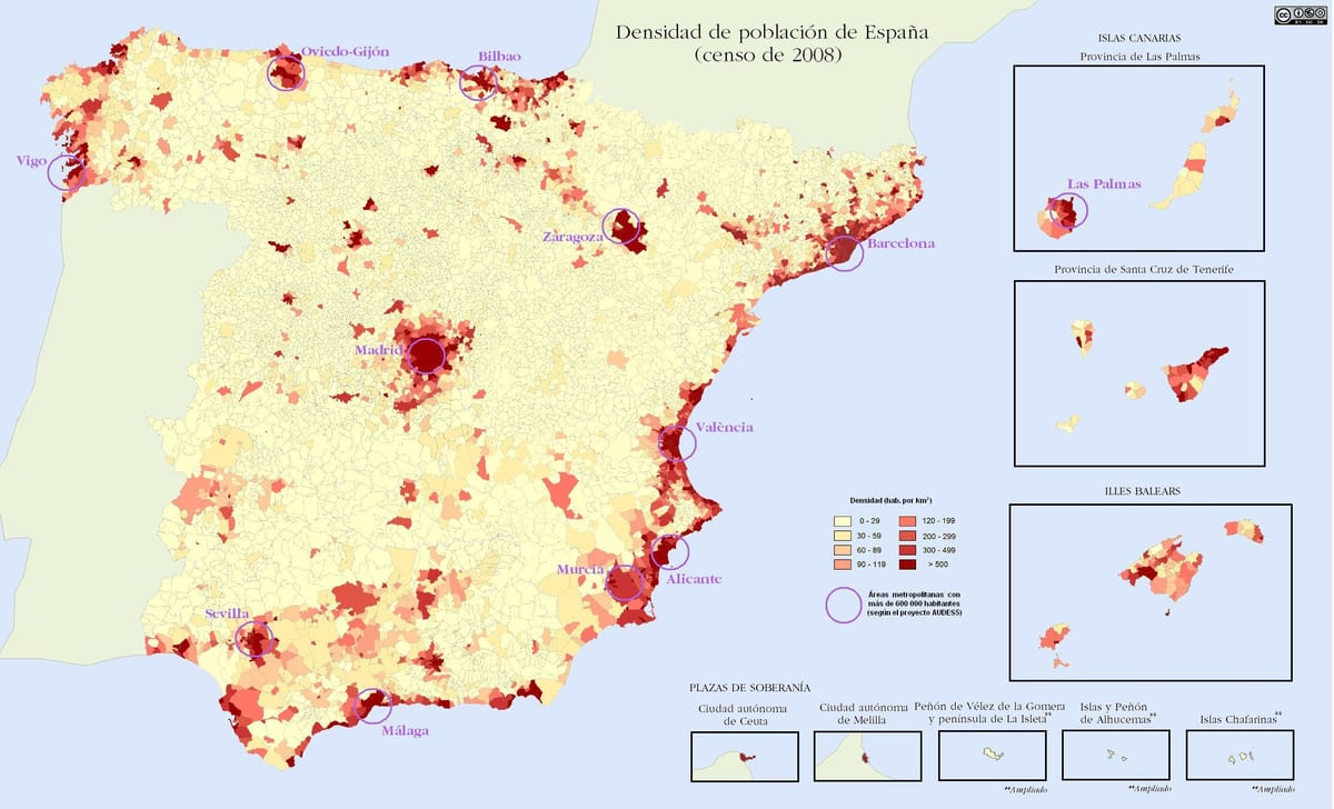 スペイン人口密度の地図