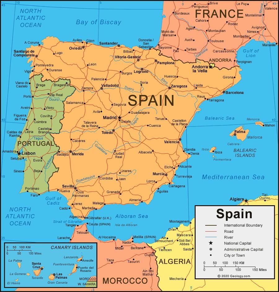 地図のスペインおよび近隣諸国