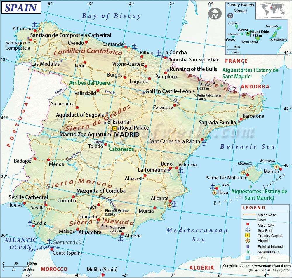 地図のスペインを示す主要都市