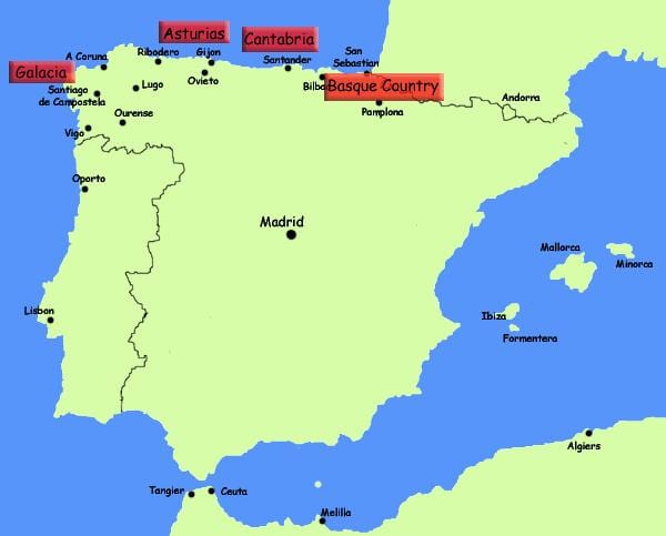 スペイン北部のリゾート地図