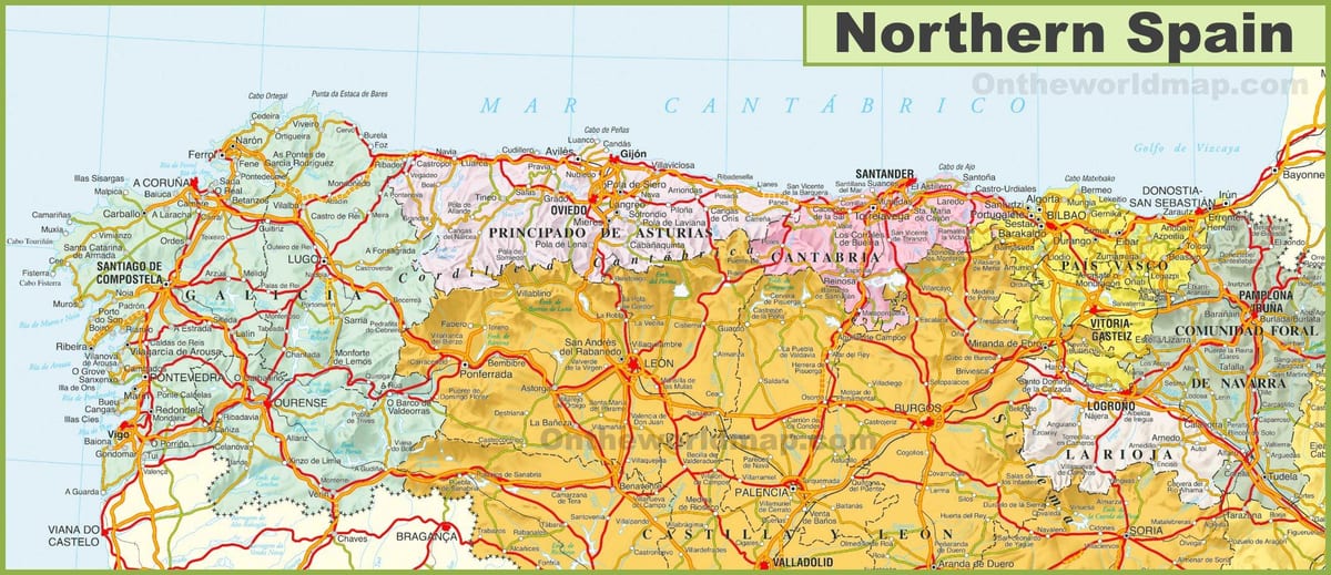 地図のスペイン北部の都市