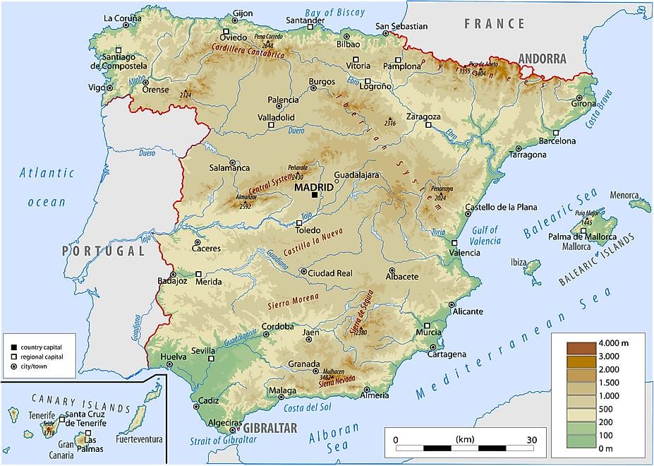 物理地図のスペイン